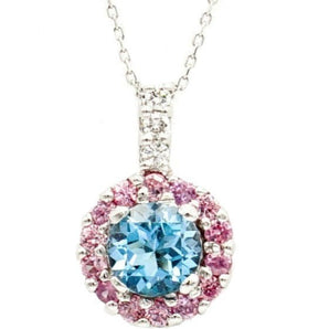18K White Gold Topaz Pendant With Pink Sapphire Halo and Diamonds - Le Vive Jewelry in Riverside