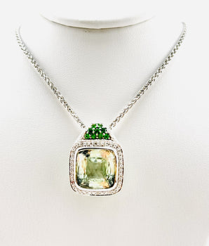 18k White Gold Prasiolite (Green Amethyst) With Diamonds and Tsavorite Pendant with 16'' neckalce - Le Vive Jewelry in Riverside