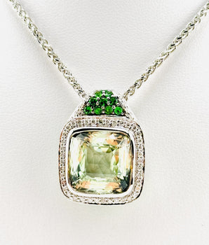 18k White Gold Prasiolite (Green Amethyst) With Diamonds and Tsavorite Pendant with 16'' neckalce - Le Vive Jewelry in Riverside