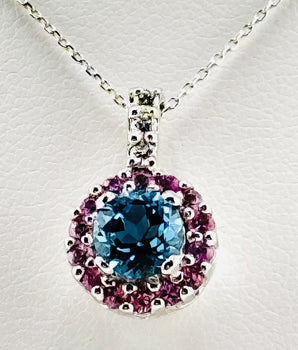 18K White Gold Topaz Pendant With Pink Sapphire Halo and Diamonds - Le Vive Jewelry in Riverside