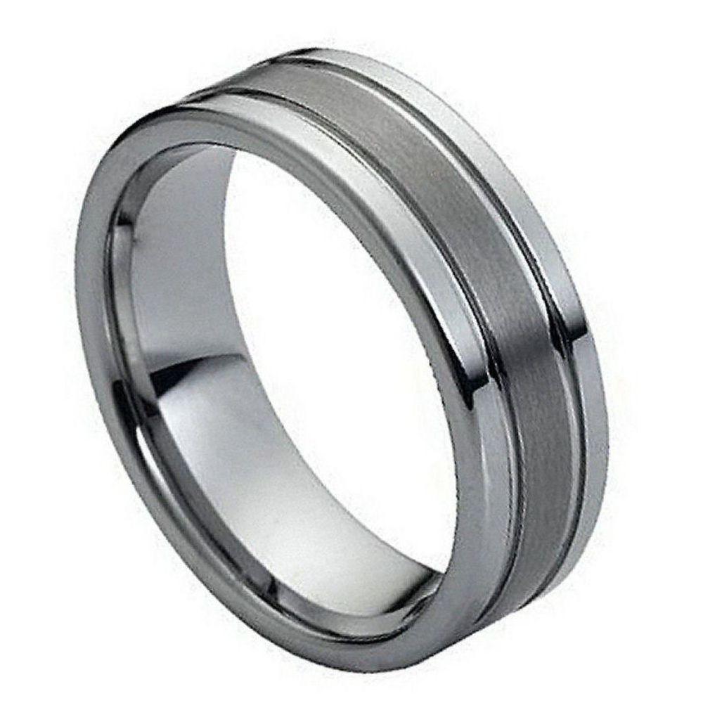 Ring Polished Shiny Double Grooved Brushed Center - 8mm - Le Vive Jewelry in Riverside