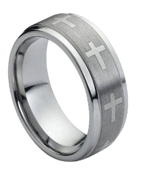 Ring Flat Laser Engraved Crosses on Brushed Center - 9mm - Le Vive Jewelry in Riverside