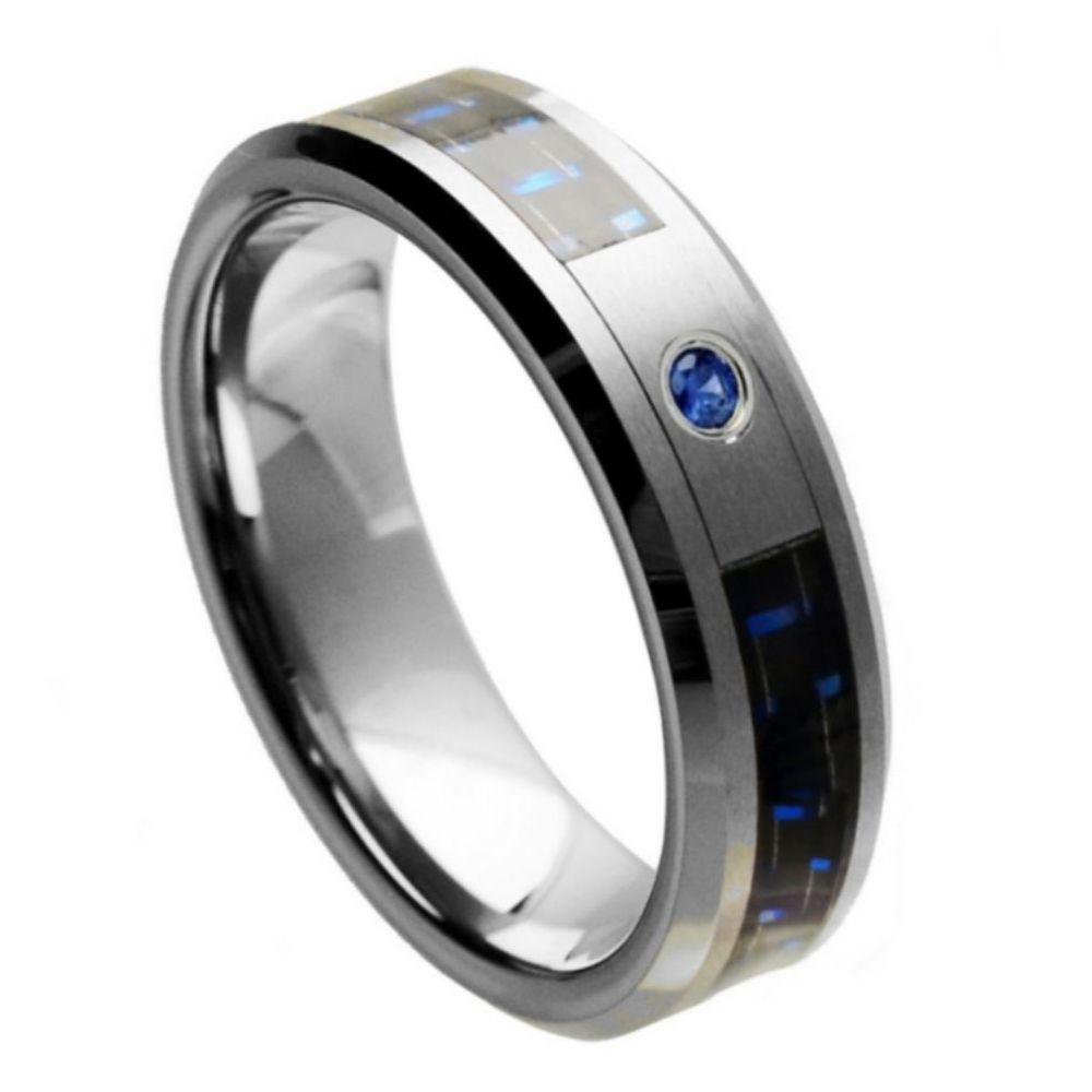Blue & Black Carbon Fiber Inlay with 0.07ct Blue Sapphire Center Stone - 6mm - Le Vive Jewelry in Riverside