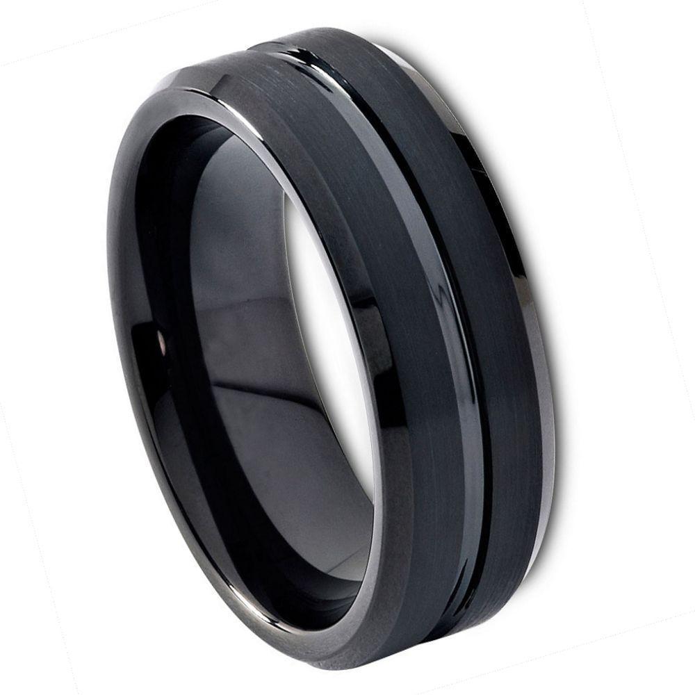 Black IP Plated Shiny Grooved Center Brushed Beveled Edge - 8mm - Le Vive Jewelry in Riverside