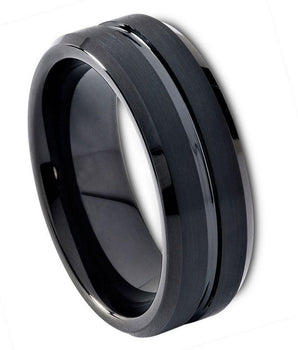 Black IP Plated Shiny Grooved Center Brushed Beveled Edge - 8mm - Le Vive Jewelry in Riverside
