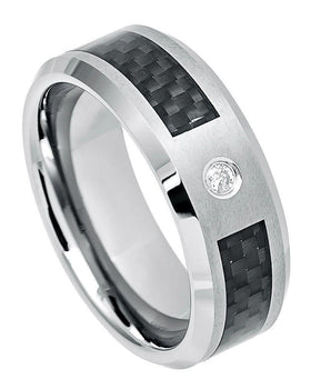 Black Carbon Fiber Inlay Brushed Finish with 0.07ct White Diamond - 8mm - Le Vive Jewelry in Riverside