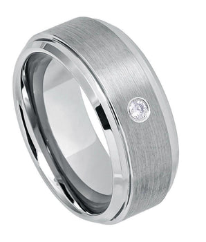 Brushed Finish Center Shiny Stepped Edge with 0.07ct White Diamond Center - 9mm - Le Vive Jewelry in Riverside