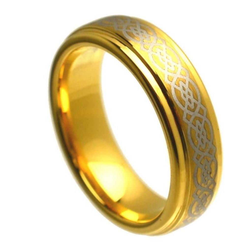Yellow Gold Plated Stepped Edge High Polish Laser Engraved Celtic Knot Pattern- 6mm - Le Vive Jewelry in Riverside