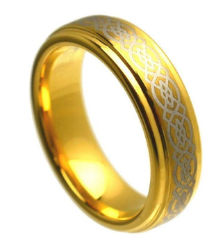 Yellow Gold Plated Stepped Edge High Polish Laser Engraved Celtic Knot Pattern- 6mm - Le Vive Jewelry in Riverside