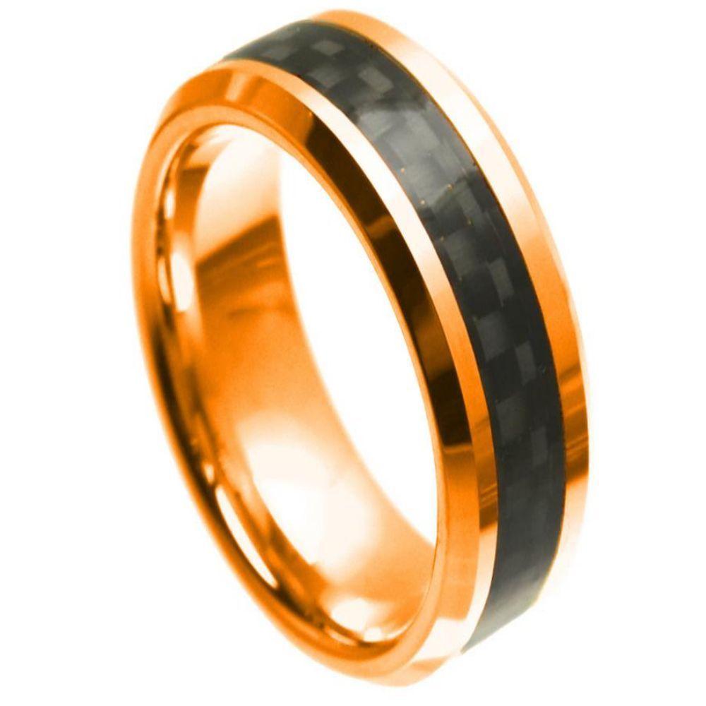 High Polish Rose Gold Plated with Black Carbon Fiber Inlay & Beveled Edge - 8mm - Le Vive Jewelry in Riverside