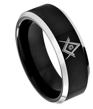 Black IP Plated High Polish Laser Engraved Freemasonry Masonic Symbol Compass & Square Beveled Edge - 8mm - Le Vive Jewelry in Riverside