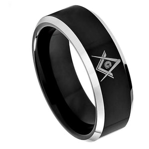 Black IP Plated High Polish Laser Engraved Freemasonry Masonic Symbol Compass & Square Beveled Edge - 8mm - Le Vive Jewelry in Riverside