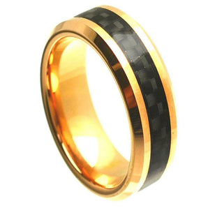 Yellow Gold Plated High Polish with Black Carbon Fiber Inlay Beveled Edge - 8mm - Le Vive Jewelry in Riverside