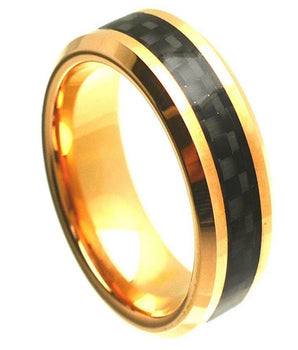 Yellow Gold Plated High Polish with Black Carbon Fiber Inlay Beveled Edge - 8mm - Le Vive Jewelry in Riverside