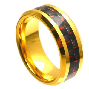 Yellow Gold Plated High Polish with Red & Black Carbon Fiber Inlay Beveled Edge - 8mm - Le Vive Jewelry in Riverside