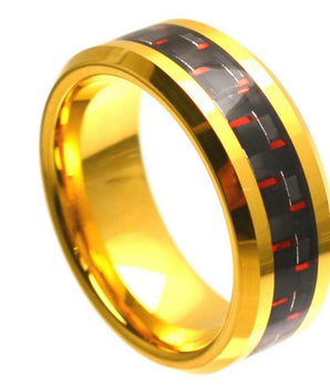 Yellow Gold Plated High Polish with Red & Black Carbon Fiber Inlay Beveled Edge - 8mm - Le Vive Jewelry in Riverside
