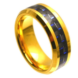Yellow Gold Plated High Polish with Blue & Black Carbon Fiber Inlay Beveled Edge - 8mm - Le Vive Jewelry in Riverside
