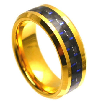 Yellow Gold Plated High Polish with Blue & Black Carbon Fiber Inlay Beveled Edge - 8mm - Le Vive Jewelry in Riverside