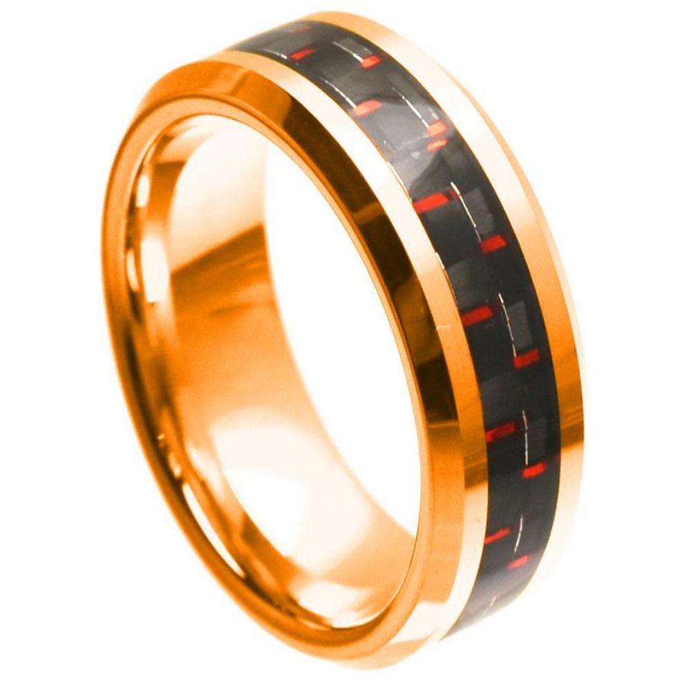 Rose Gold Plated High Polish with Red & Black Carbon Fiber Inlay Beveled Edge - 8mm - Le Vive Jewelry in Riverside