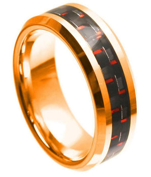 Rose Gold Plated High Polish with Red & Black Carbon Fiber Inlay Beveled Edge - 8mm - Le Vive Jewelry in Riverside