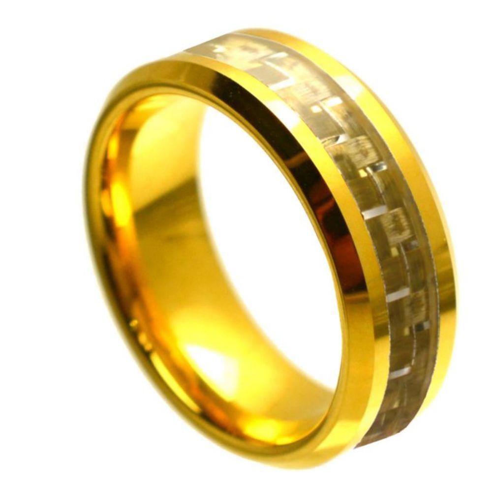 Yellow Gold Plated High Polish with Golden Carbon Fiber Inlay Beveled Edge - 8mm - Le Vive Jewelry in Riverside