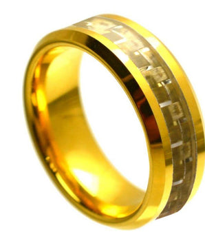 Yellow Gold Plated High Polish with Golden Carbon Fiber Inlay Beveled Edge - 8mm - Le Vive Jewelry in Riverside