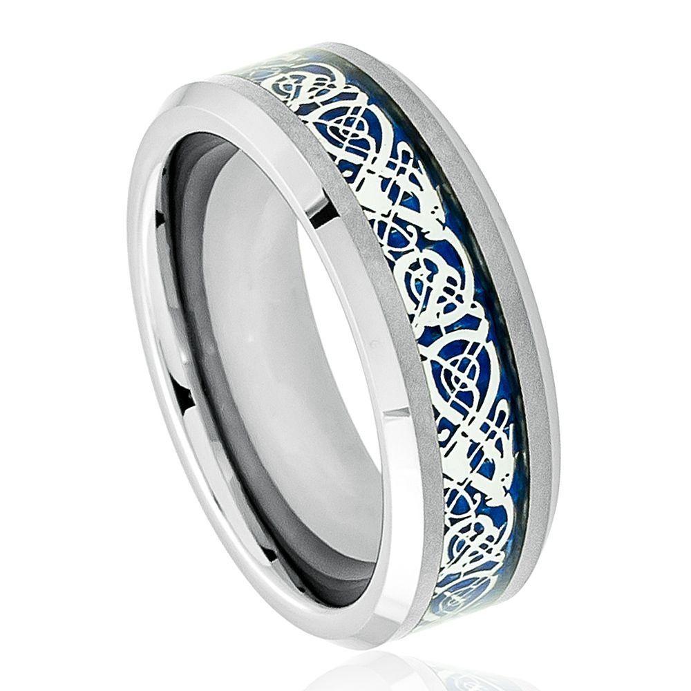 Shiny Beveled Edge with Blue Celtic Dragon Cut-out Inlay - 8mm - Le Vive Jewelry in Riverside