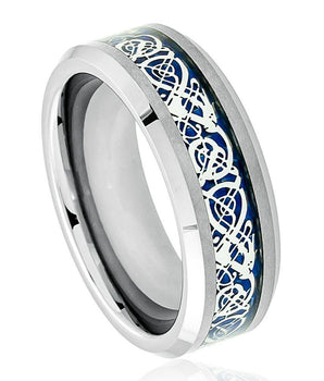 Shiny Beveled Edge with Blue Celtic Dragon Cut-out Inlay - 8mm - Le Vive Jewelry in Riverside