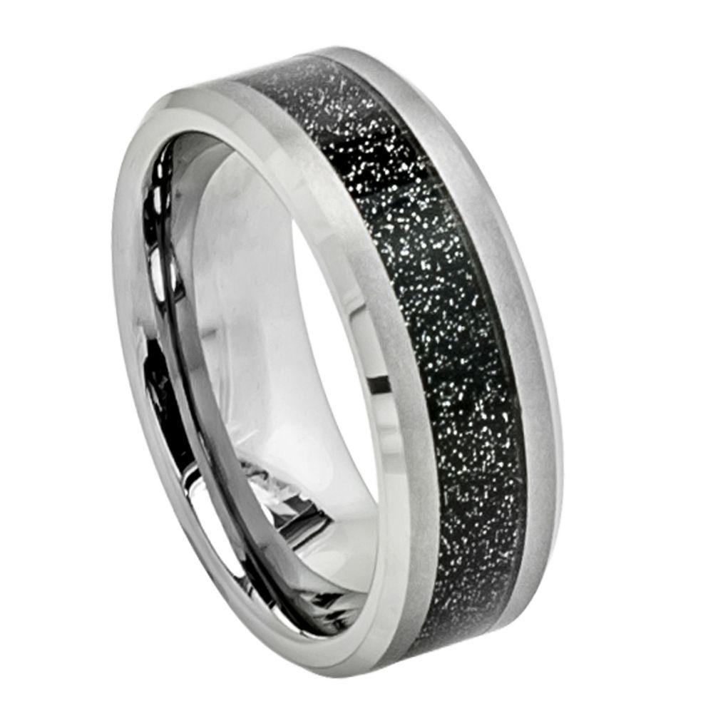 Shiny Beveled Edge with Black Sandstone Carbon Fiber Inlay - 8mm - Le Vive Jewelry in Riverside