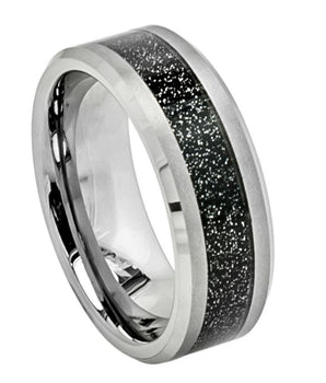 Shiny Beveled Edge with Black Sandstone Carbon Fiber Inlay - 8mm - Le Vive Jewelry in Riverside