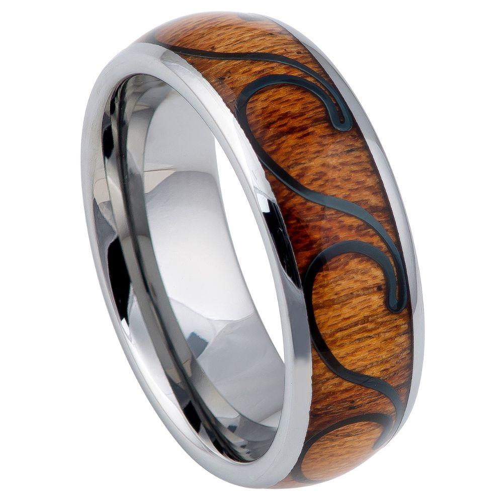 Hawaiian Koa with Black Plated Wave design Inlay - 8mm - Le Vive Jewelry in Riverside