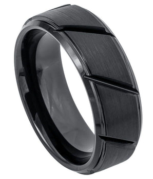 Black IP Plated Multiple Diagonal Grooves Brushed Center - 8mm - Le Vive Jewelry in Riverside