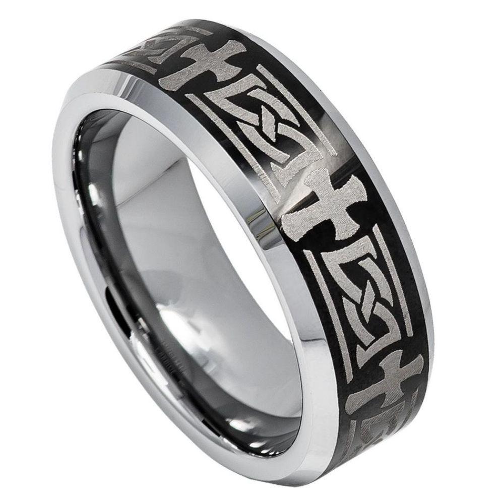 Beveled Edge Ring with Celtic Cross Engraved on High Polished/Shiny Black IP Plated Center - 8mm - Le Vive Jewelry in Riverside