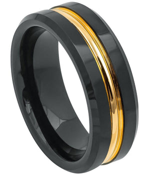 Black IP Plated Ring with Yellow IP Plated Grooved Center - 8mm - Le Vive Jewelry in Riverside