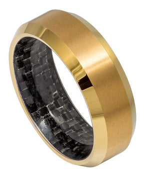 Yellow Gold Tone IP Plated with Black Carbon Fiber Inlay Inside - 8mm - Le Vive Jewelry in Riverside