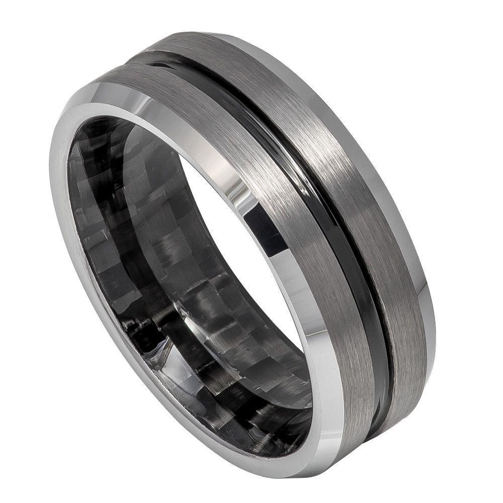 Black IP Plated Grooved Center, Black Carbon Fiber Inlay Inside - 8mm - Le Vive Jewelry in Riverside