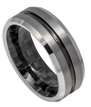 Black IP Plated Grooved Center, Black Carbon Fiber Inlay Inside - 8mm - Le Vive Jewelry in Riverside
