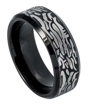 Black IP Plated Ring with Laser Carved Rock Art Pattern ��������� 8mm - Le Vive Jewelry in Riverside