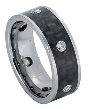 High Polished Pipe Cut Ring with 6 White CZs, bezel-set on Black Carbon Fiber Center ��������� 8mm - Le Vive Jewelry in Riverside