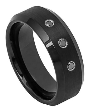 Black IP Plated Brushed Center & High Polish Beveled Edge with three 0.07ct Black Diamonds - 8mm - Le Vive Jewelry in Riverside