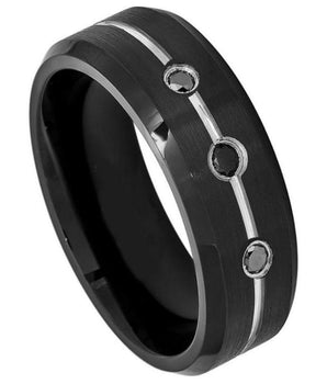 Black IP Ring with Three 0.07ct & Black Diamond on Grooved Center with High Polish Beveled Edge - 8mm - Le Vive Jewelry in Riverside