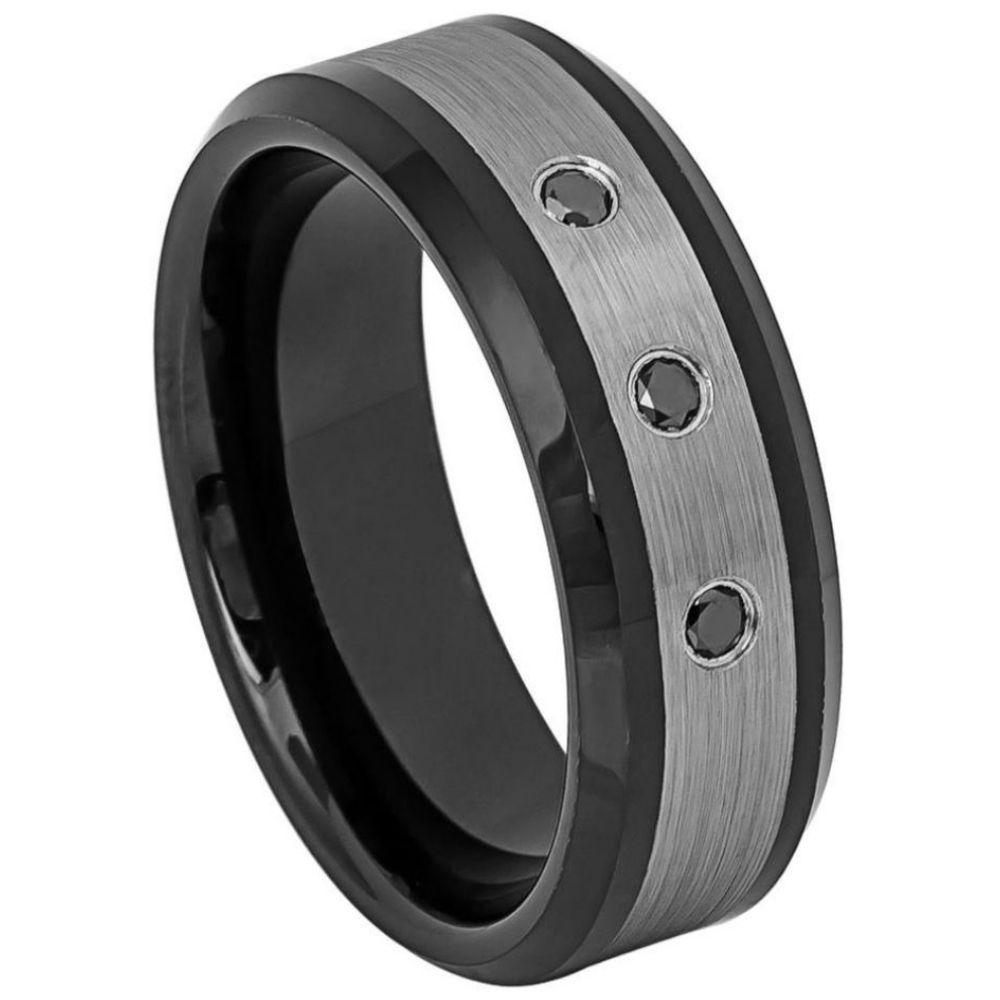 Two-tone Black IP Plated Brushed Center & High Polish Beveled Edge with three 0.07ct Black Diamonds - 8mm - Le Vive Jewelry in Riverside