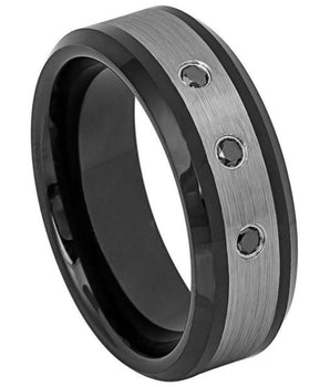 Two-tone Black IP Plated Brushed Center & High Polish Beveled Edge with three 0.07ct Black Diamonds - 8mm - Le Vive Jewelry in Riverside