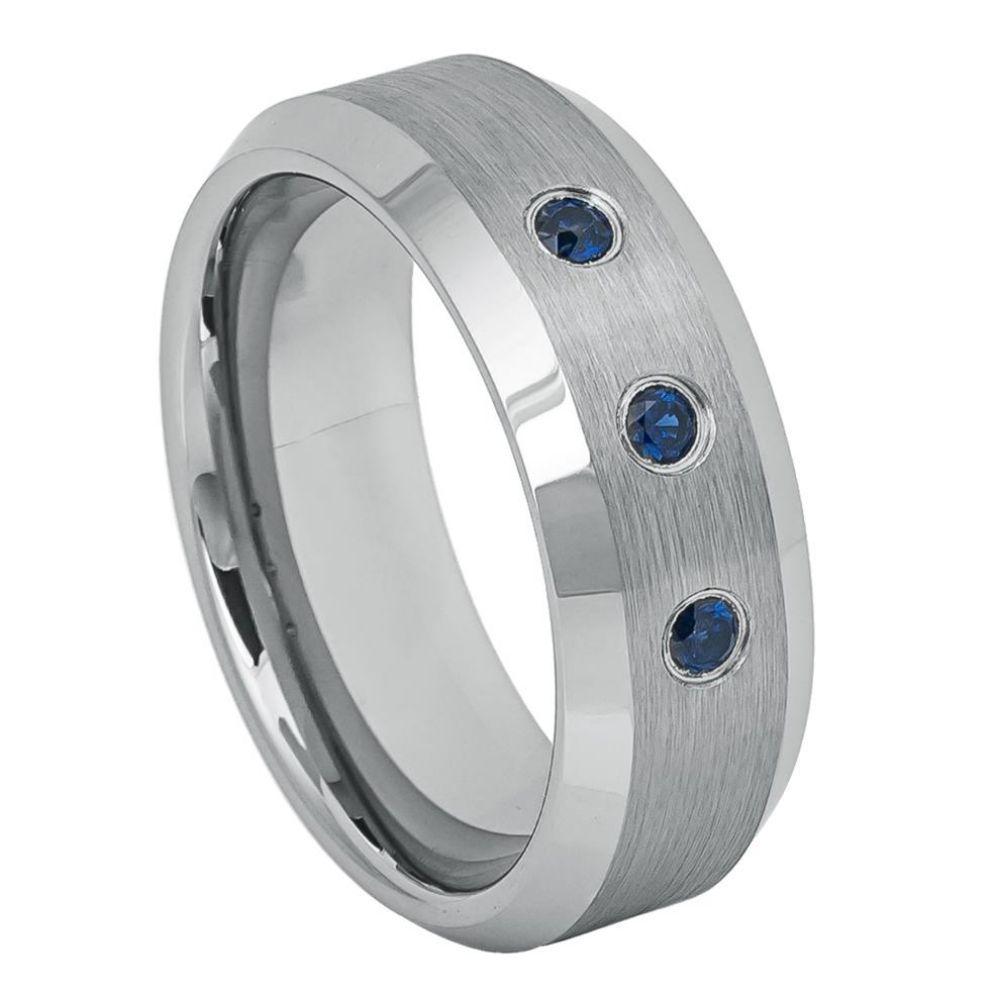 Brushed Center & High Polish Beveled Edge with three 0.07ct Blue Sapphires - 8mm - Le Vive Jewelry in Riverside