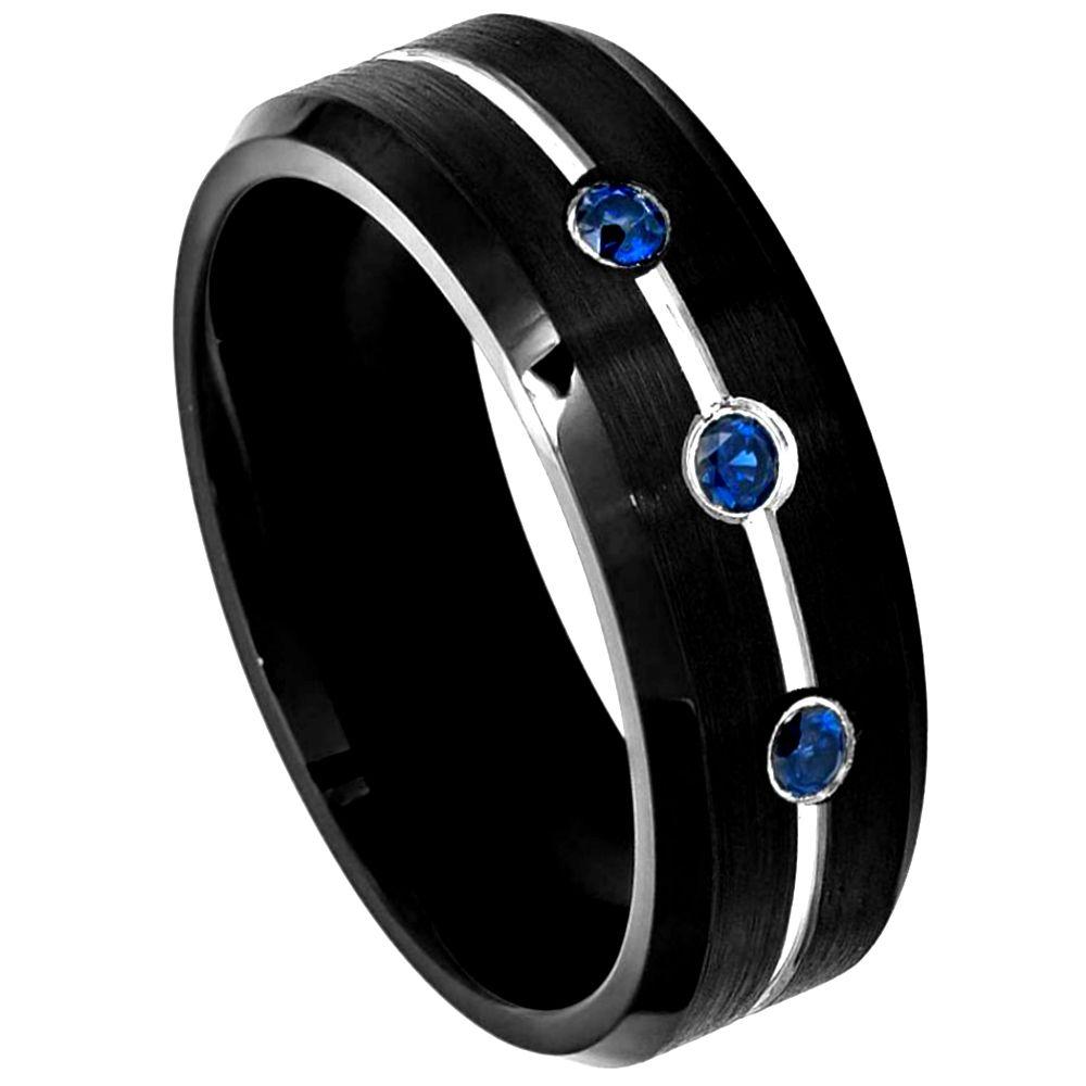 Black IP Ring with Three 0.07ct Blue Sapphires on Grooved Center with High Polished Beveled Edge - 8mm - Le Vive Jewelry in Riverside