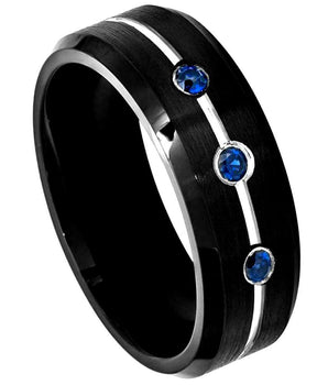 Black IP Ring with Three 0.07ct Blue Sapphires on Grooved Center with High Polished Beveled Edge - 8mm - Le Vive Jewelry in Riverside