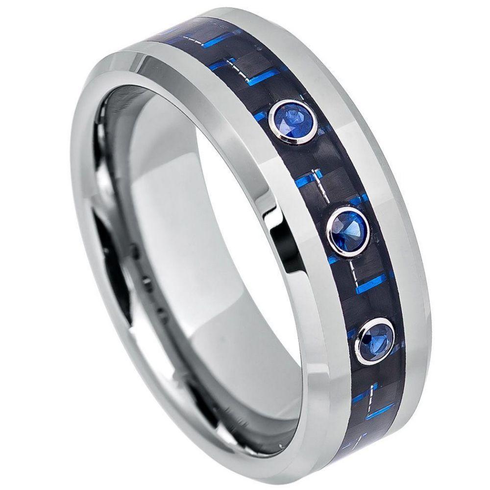 Blue Carbon Fiber Inlay, High Polish Beveled Edge with Three 0.07ct Blue Sapphire Center Stones - 8mm - Le Vive Jewelry in Riverside