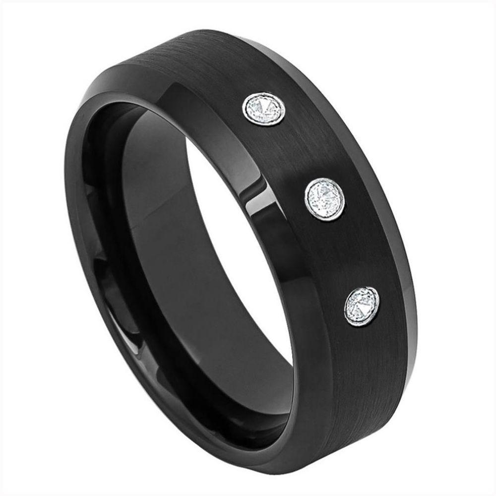 Black IP Plated Brushed Center & High Polish Beveled Edge with three 0.07ct White Diamonds - 8mm - Le Vive Jewelry in Riverside