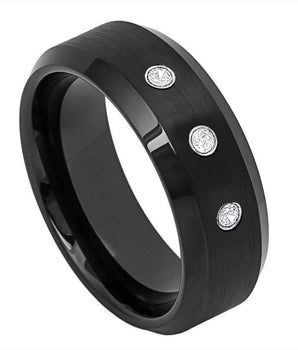 Black IP Plated Brushed Center & High Polish Beveled Edge with three 0.07ct White Diamonds - 8mm - Le Vive Jewelry in Riverside