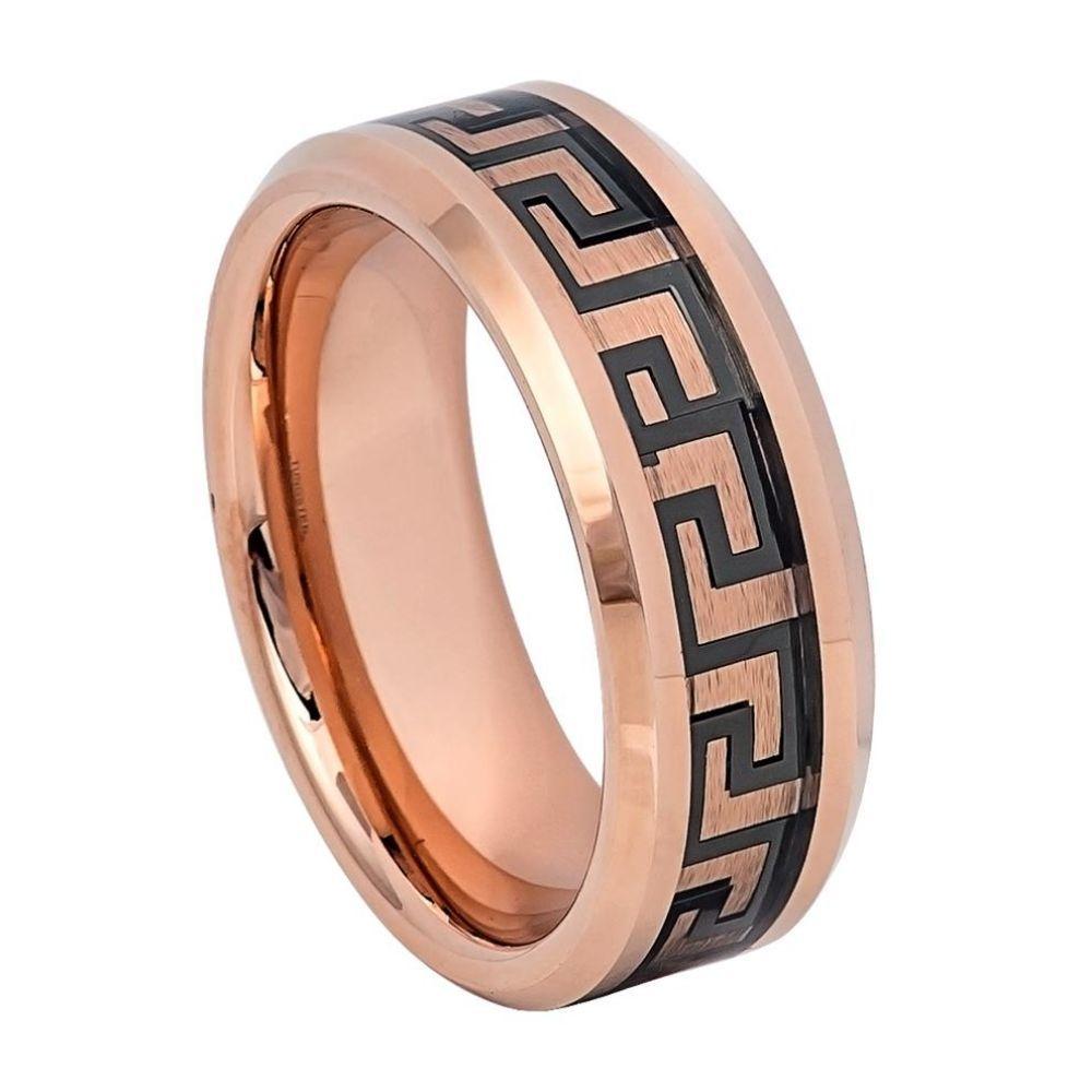 Rose Gold IP High Polished Beveled Edge Greek Key Inlay - 8mm - Le Vive Jewelry in Riverside